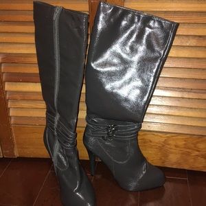 Grey leather knee high boots
